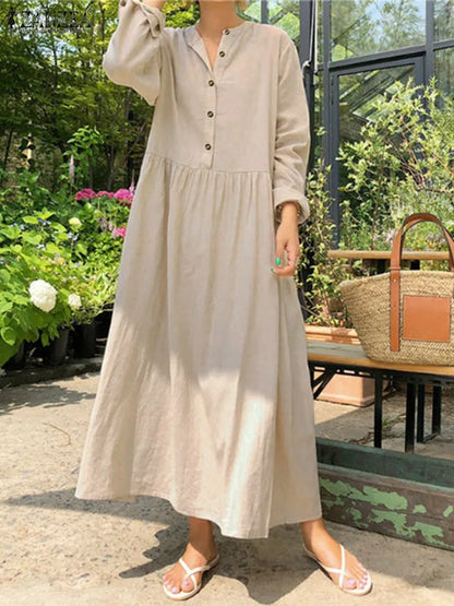Women's Elegant Solid Cotton Robe Femme 2022 Spring Autumn Bohemian Maxi Dress ZANZEA Casual Long Sleeve Shirt Dresses Oversized.