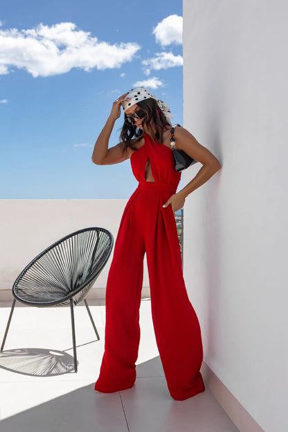 Sexy Backless Halter Neck Sleeveless Bandage Jumpsuit Summer Women Fashion Red Black Hollow Out Wide Leg Jumpsuits Streetwear.