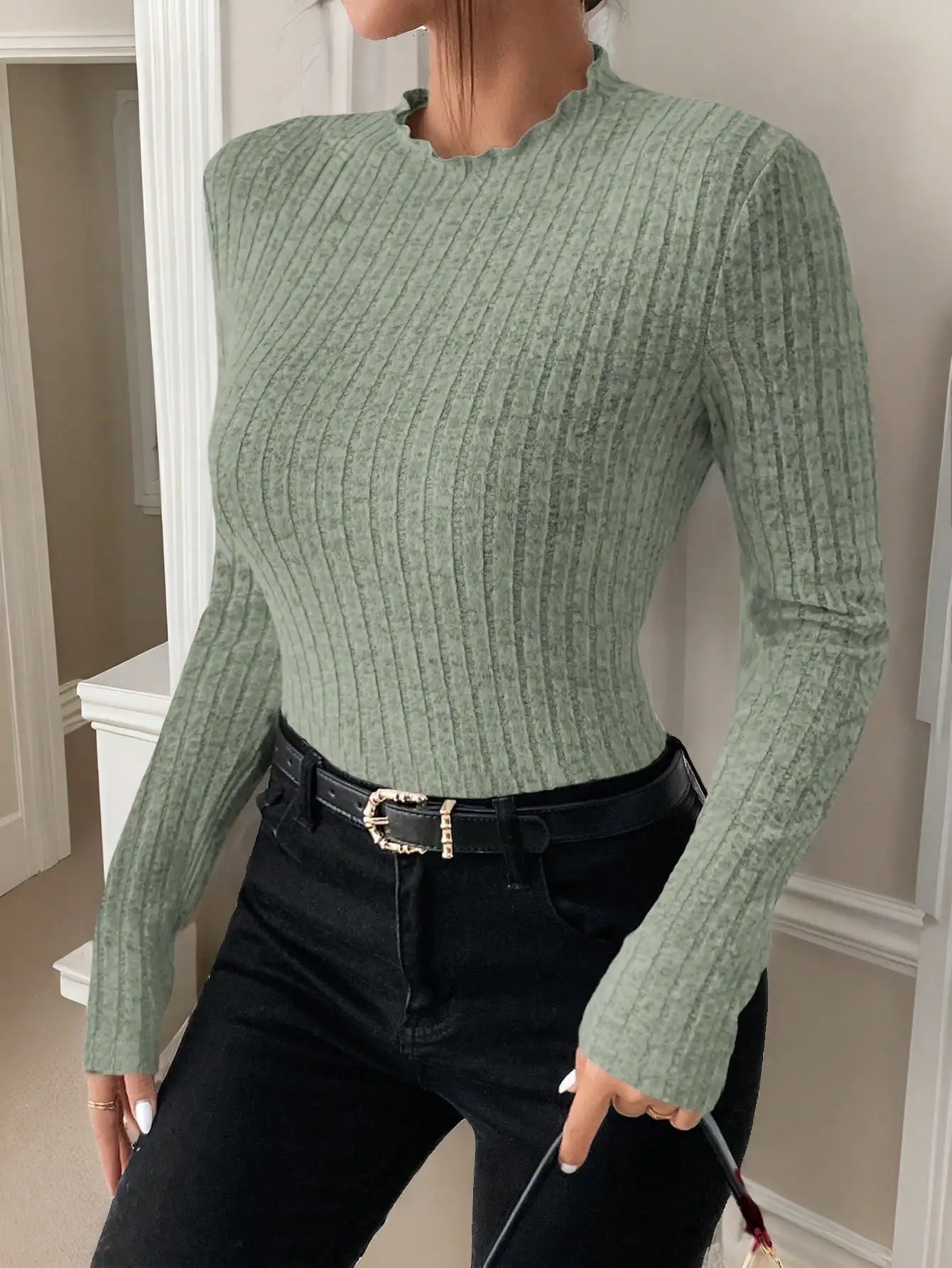 Fashion Slim Ruffle Neck Knit Long Sleeve Top, Lace Mid-Collar Women's Striped Bottom Shirt, Autumn and Winter Casual Sweater.