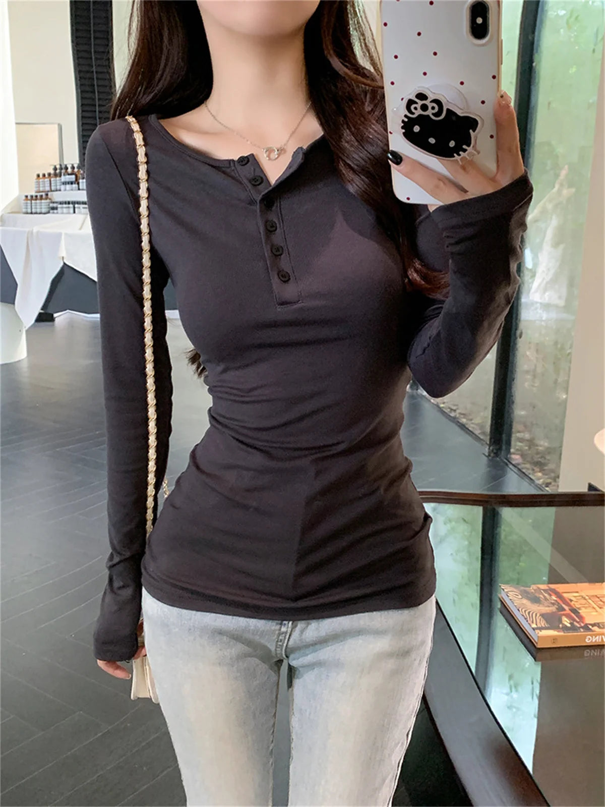 Women Fashion Slim Long Sleeve Shirts Button Solid Sexy Girl Pullover Tops Spring Fall Retro Simple T-shirt Casual Street Y2K.
