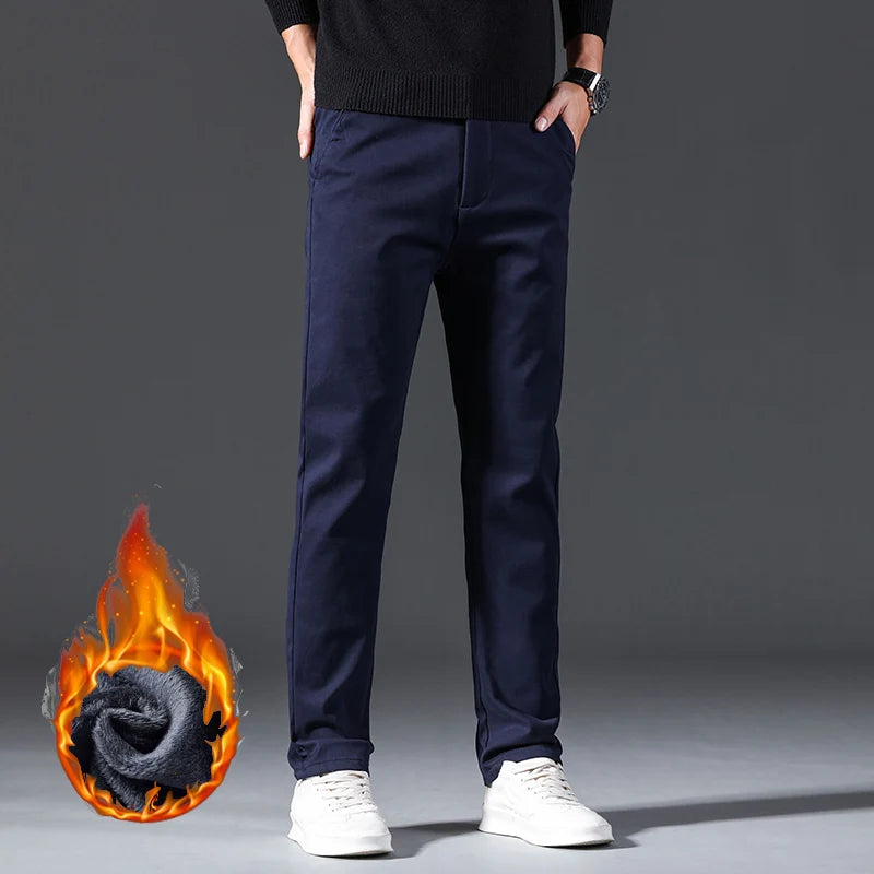 Winter Casual Men Classic Style Business Warm Plush Trousers Regular Thick Fur Pants Male Fleece Elastic Straight Formal Pants.