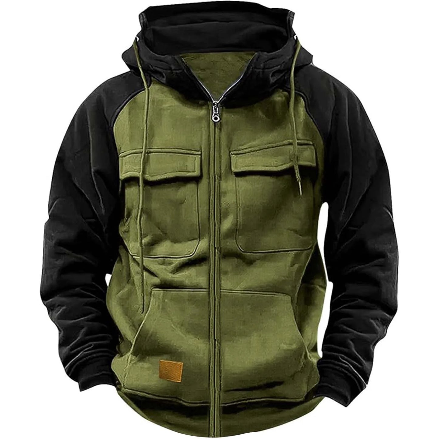 2025 Autumn Retro Workwear Hooded Sweatshirt Men Zipper Solid-Color Warm Sports Shirt With Multiple Pockets Hooded Jacket Winter.