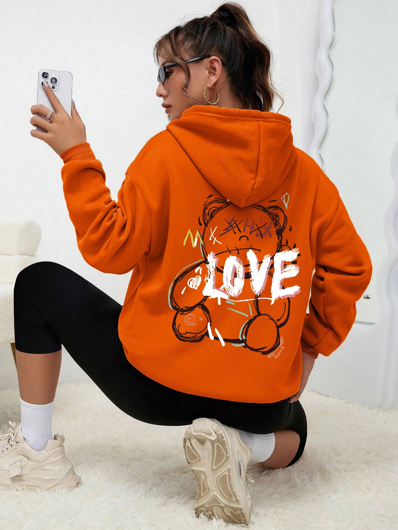 Graffiti Linie Bär Einfache Druck Weibliche Hoody Harajuku S-Xxl Sweatshirt Mode Lässig Straße Mit Kapuze Herbst Warme Streetwear Frauen.