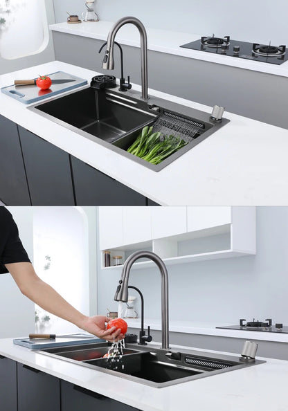 New Stainless Steel Kitchen Sink with Waterfall  Large Single Slot Various Multifunctional Sinks Dish and Vegetable Wash Basin
