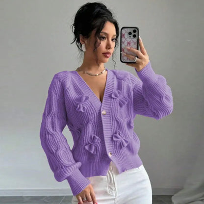 2025 Autumn And Winter Solid Color Long-sleeved Bow Knit Cardigan Jacket New Women's Elegant V-neck Button Versatile Sweater Top