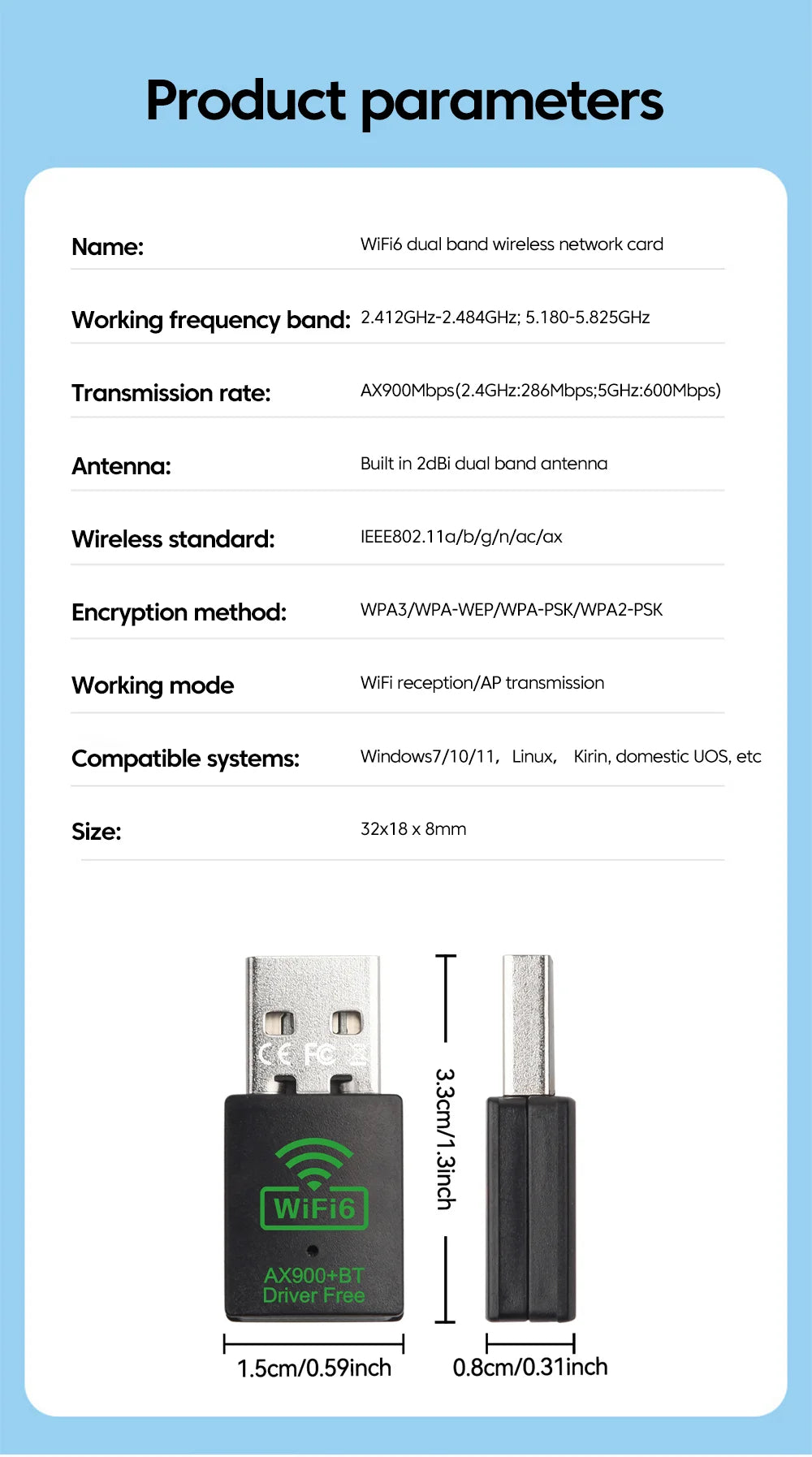 WiFi 6 Wireless Lan Card Driver Free USB Wifi Adapter Dual Band 2.4G/5GHz Wifi Card Bluetooth 5.4 Wifi Antenna For PC Laptop.