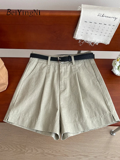 Beiyingni Korean Women High Waist Shorts With Belt Elegant Cotton Linen Casual Slim Female Shorts White Street Short Cargo Pants