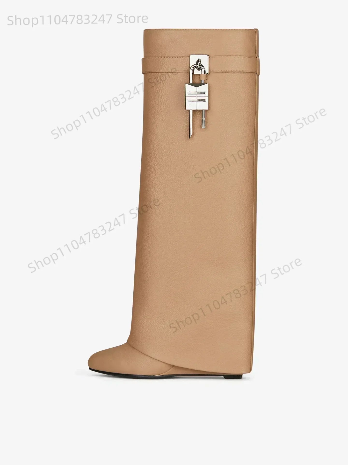 2025 Autumn Winter Lock Boots Women Designer Knee Boots Women Brand High Heel Knight Boots Fold Fashion Gothic Wedge Long Boot.