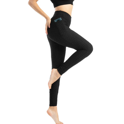 Women Fashion Pocket Bubble Pants Stretchy Slim Leggings Gym Running Cycling Fitness Pants High Waist Hip Lift Leggings Female.