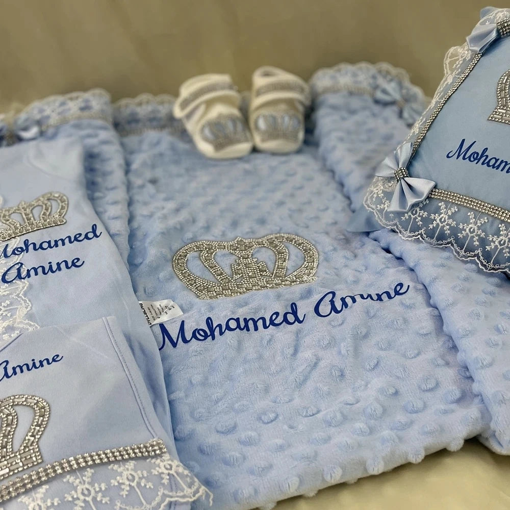 5pcs Handmade DIY Vinyl Name Personalized Baby Girl Newborn Jewels Crown Pink Take Me Home Layette 5 Piece Deluxe Gift Set.