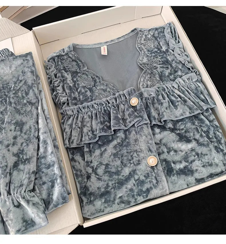 Soft Velvet Pajama Set Women Loose Home Wear Sleeping Velour Autumn Winter New Warm Sleepwear Female Nightie Ins Underwear.