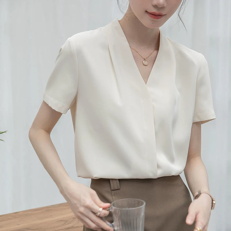 2025 Fashion Summer Short Sleeve V-Neck Women Blouse White Blouse Shirt Women Tops Blouses Shirts Blusas Para Mujer Camisas XL86.