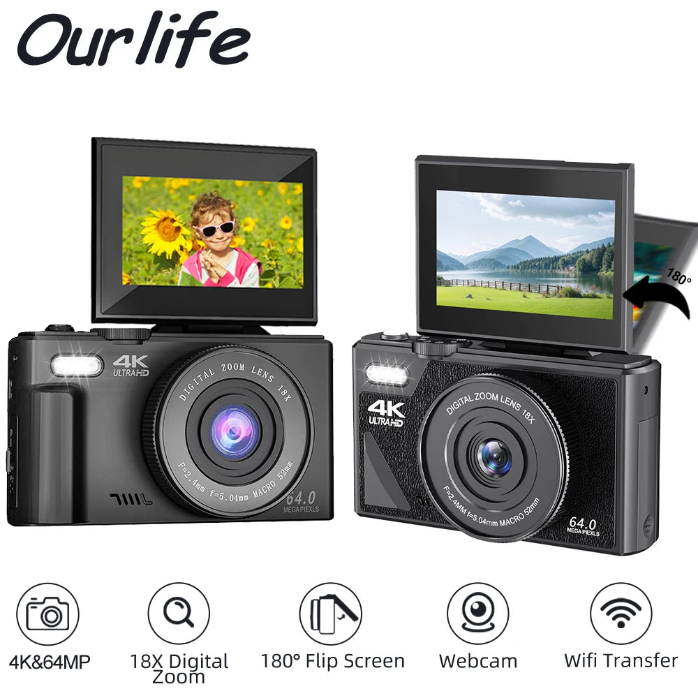 Ourlife AC600 Digital Camera 4K 64MP UHD Cameras 18X Digital Zoom 180° Flip Screen Vintage Vlogging Camera for YouTube Autofocus.