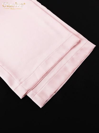 Clacive Fashion Loose Pink Satin Pants Sets For Women 2 Pieces Elegant Long Sleeve Shirt With High Waist Wide Trousers Suits.