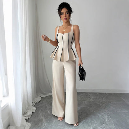 Two Piece Sets Women Pant Set Sleeveless Matching Sets Ruffles Tops Y2k Streetwear Elegant Work Wide Leg Long Pants High Waist.