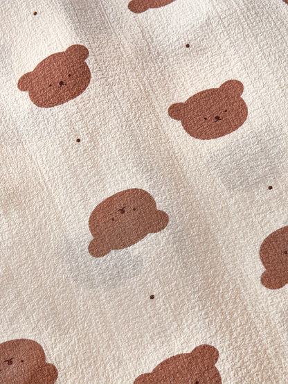 Cozy Bear Print Pajama Set for Women - Long Sleeve, Button-Up Lapel Top & Elastic Waist Pants, Machine Washable, for Autumn.