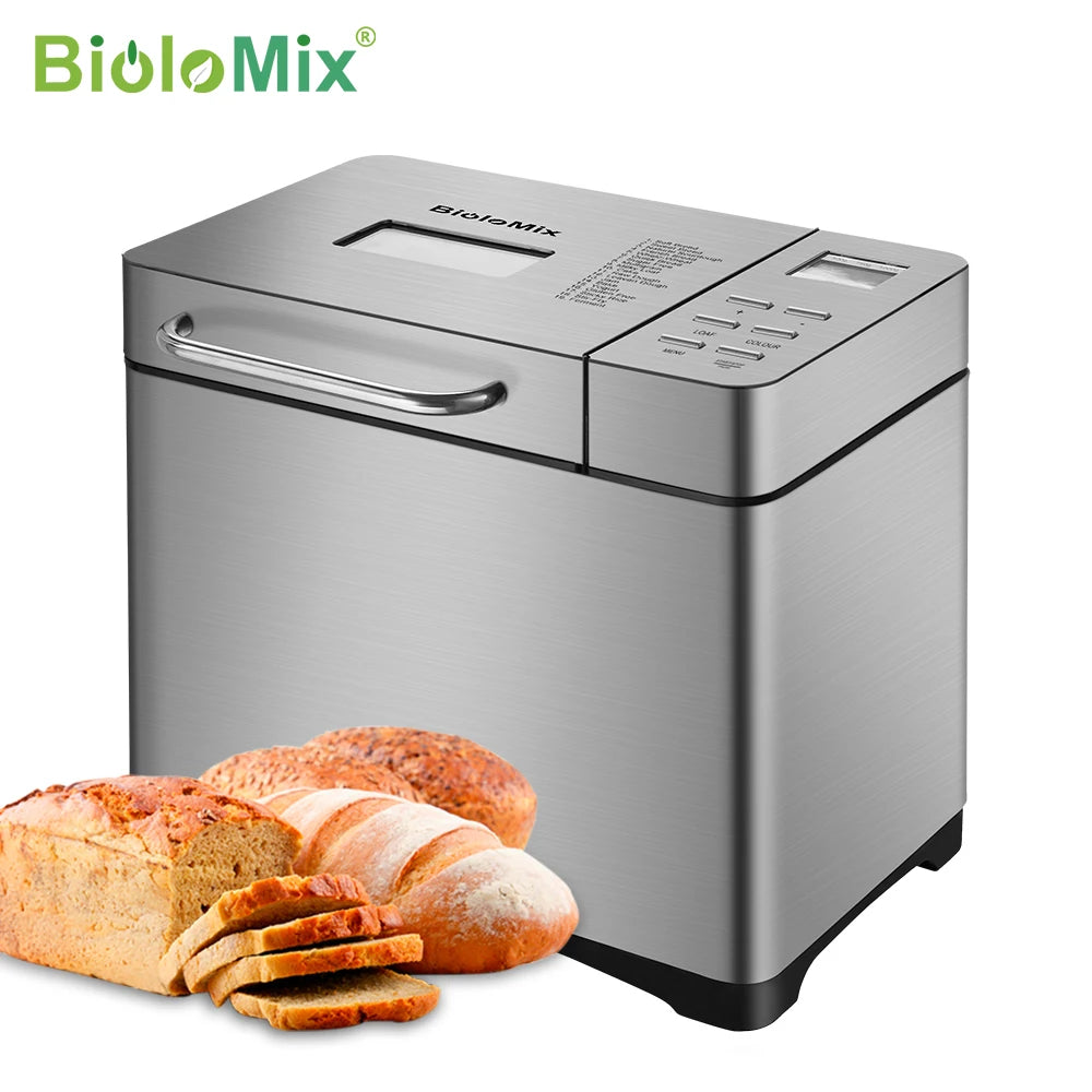 Biolomix Stainless Steel 1KG 19-in-1 Automatic Bread Maker 650W Programmable Bread Machine with 3 Loaf Sizes Fruit Nut Dispenser.
