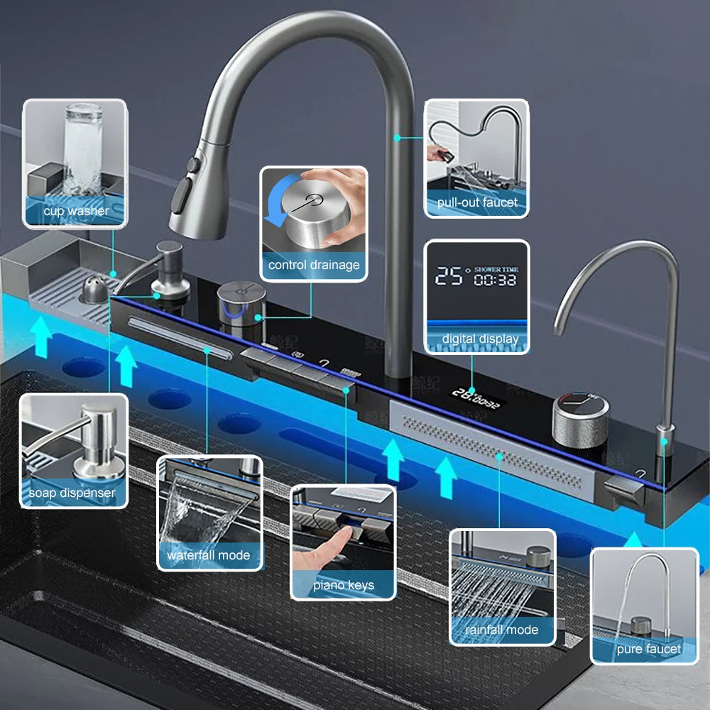 Multifunktionales Wasserfall-Spülbecken für die Küche, Digitalanzeige, großes einzelnes graues Spülbecken, Spülbecken, Spüle aus Edelstahl 304