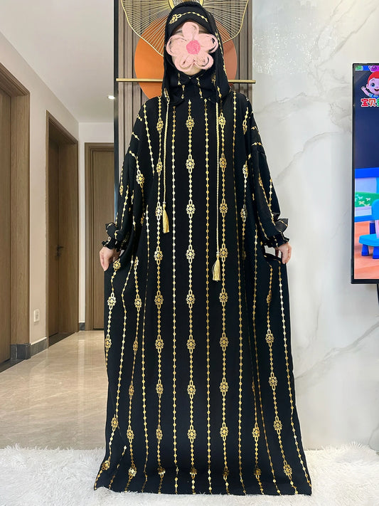 High Grade Cotton Fabric Ramadan Muslim Two-Hat Abaya Dubai Turkey Islam Prayer Clothes Gold Dust Dress Islam Women Dress Kaftan.