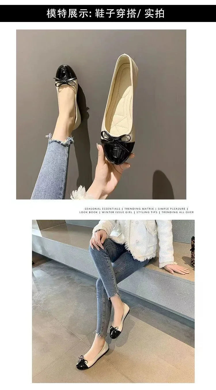 Ballerina Women's Flat Shoes Comfort Non-slip Ladies Loafers Leather Flats Elegant Bowknot Women's Single Shoes Mother's Shoes.