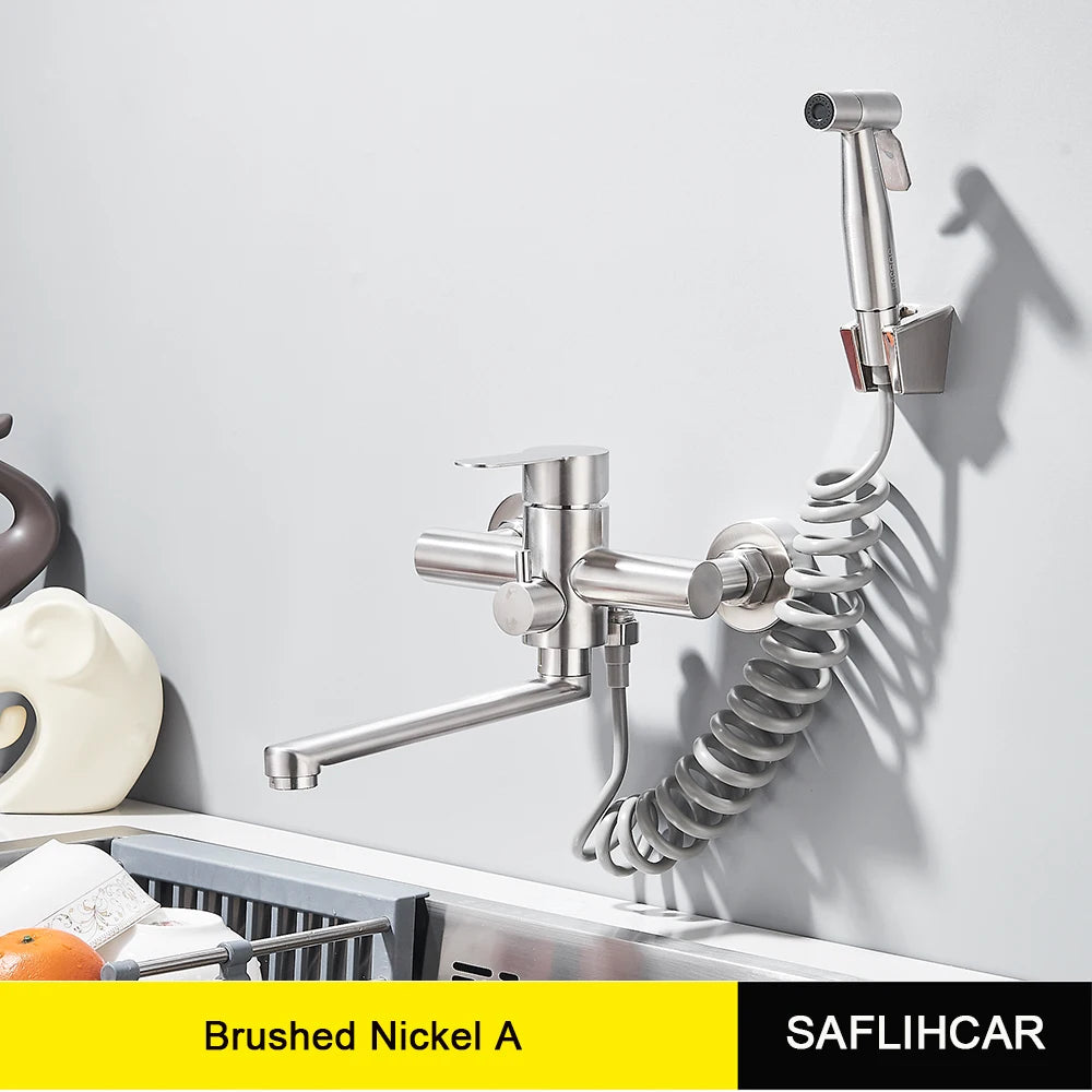 Kitchen Faucets Stainless Steel Wall Mounted Multifunctional Bathroom Basin Faucet Hot Cold  Water Mixer Taps With Spray Gun