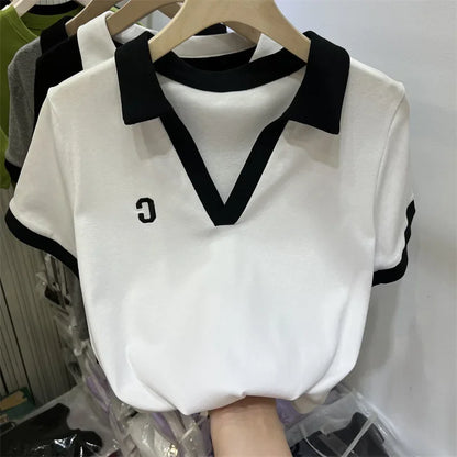 Summer Hot Sale Of The Season Women's Grey Short Sleeve Polo Neck T-Shirt Pure Cotton Slim Fit Base Shirt Trendy Top Quality Chi.