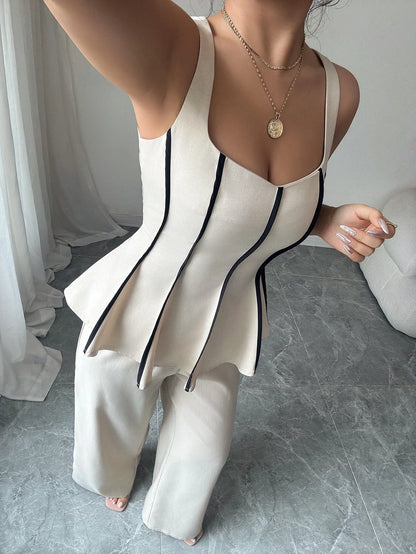 Two Piece Sets Women Pant Set Sleeveless Matching Sets Ruffles Tops Y2k Streetwear Elegant Work Wide Leg Long Pants High Waist.