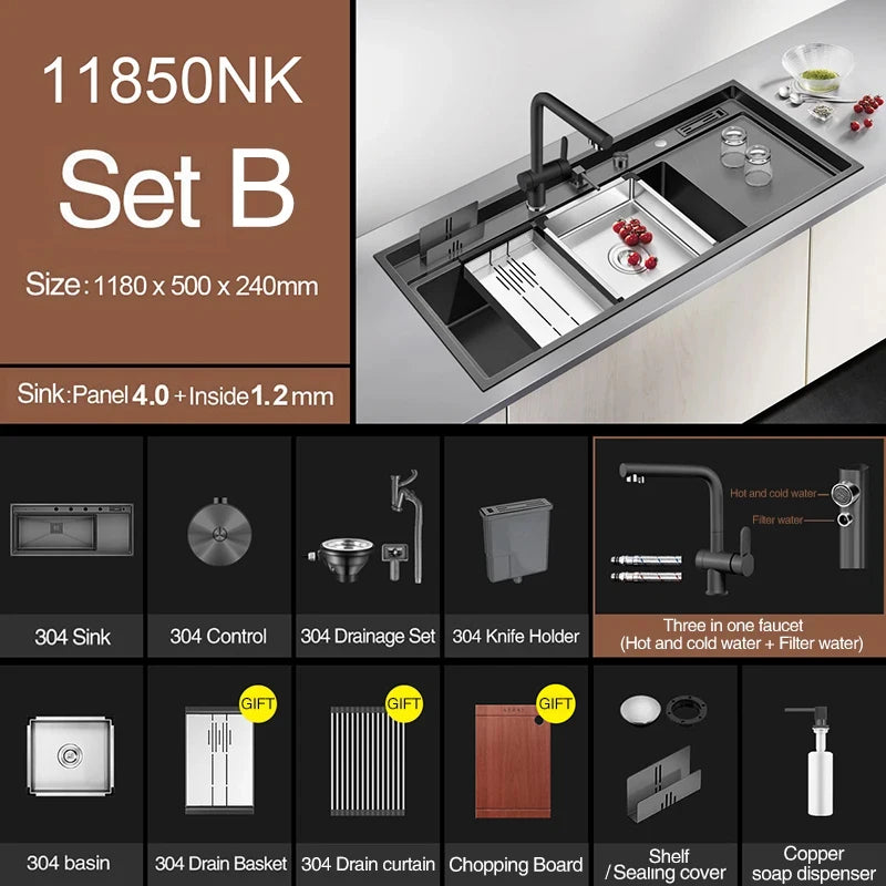 ASRAS New Nanometer Kitchen Sink Handmade Sink 4mm Thickness 240mm Depth Large Size Single Kitchen Sink With Drain Plate Sinks
