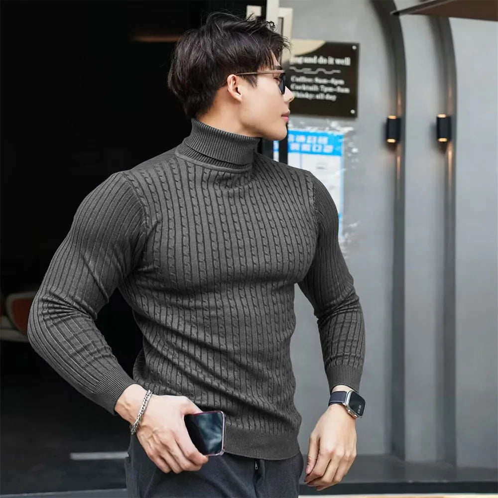 New Men's Turtleneck Sweaters Autumn Knitted Striped Streetwear Warm Long Sleeved Pullover Solid Color Basic Style Casual Tops.