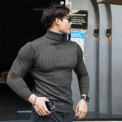 New Men's Turtleneck Sweaters Autumn Knitted Striped Streetwear Warm Long Sleeved Pullover Solid Color Basic Style Casual Tops.