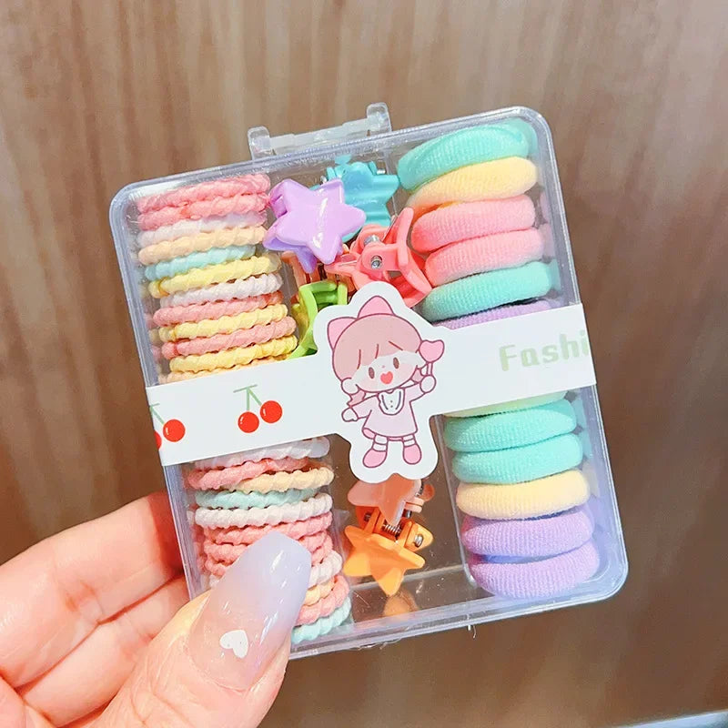 New Cute Box Set Children's New High Elasticity Elastic Band Candy Color Hair Tie Clip Hair Clip Rope Princess Accessories.