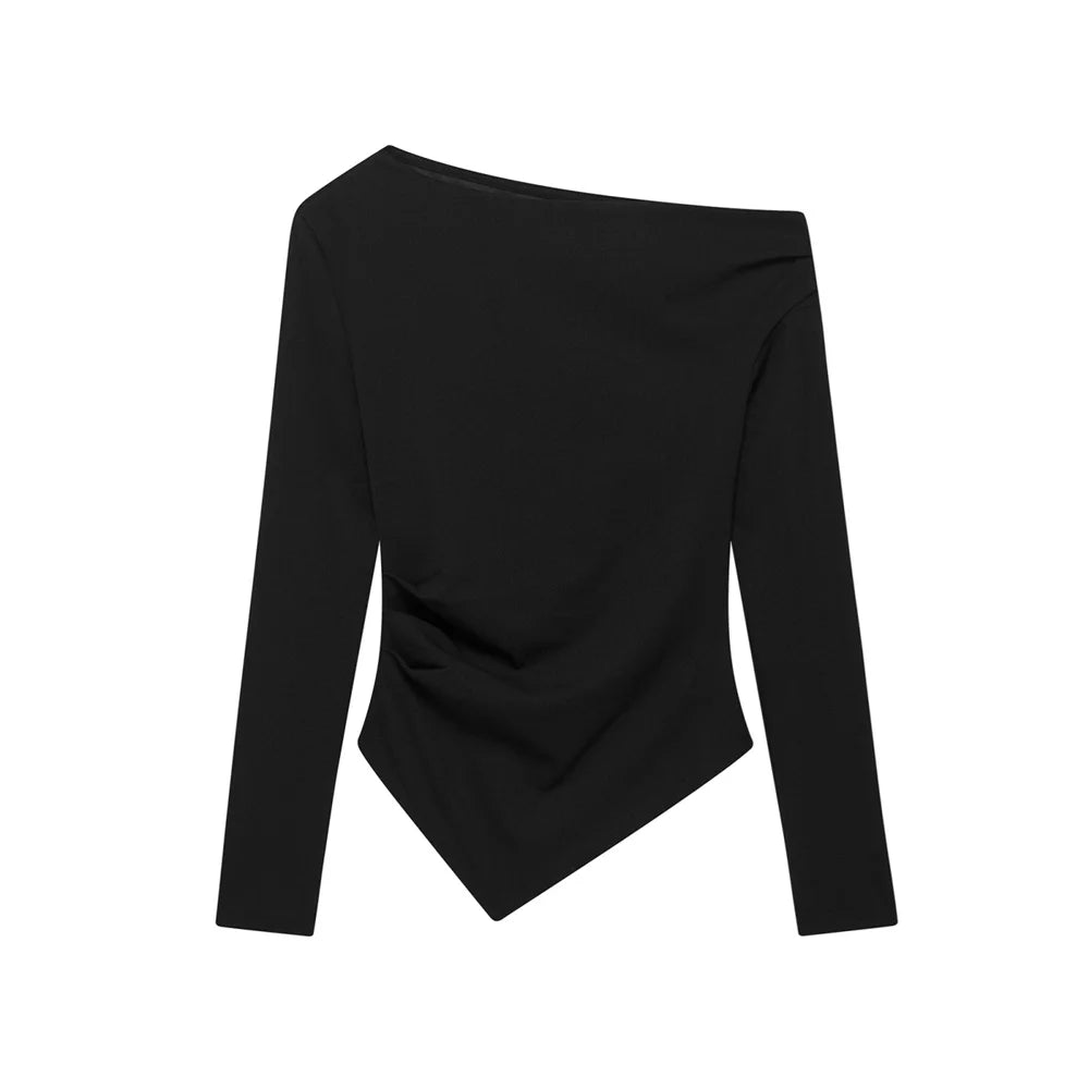 Women's Asymmetric Elastic Top Solid Color Long Sleeve Slant Neck Decoration Spring New Casual Women's Top.