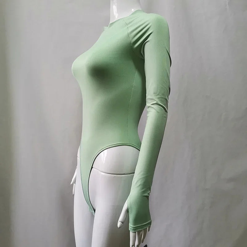 Women High Waist Jumpsuit Sexy Long Sleeve Bodysuit Club Top Goth Clothing Mock Neck Solid Costume Streetwear Party Body Outfit.