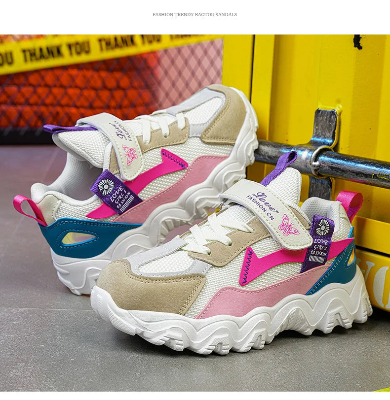 Fashion Children Shoes Girls Sneaker Black Pink PU Leather Platform Casual Sneaker School Tennis Sports Shoes for Girls.