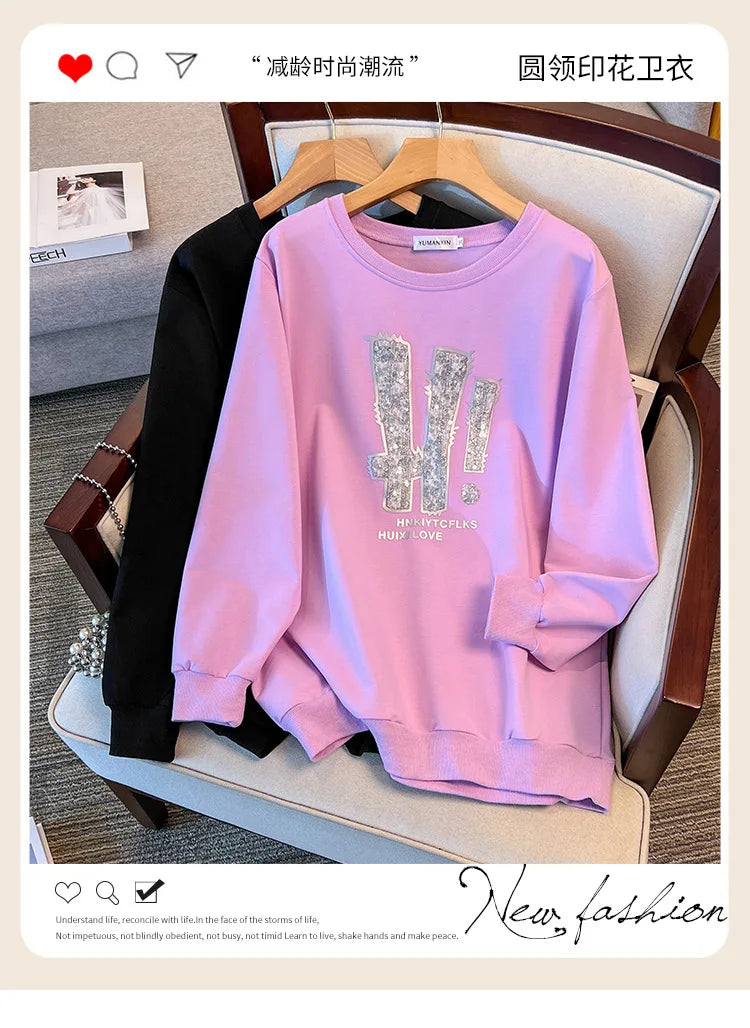 175kg plus size Damen büste Frühling Herbst loser Rundhals ausschnitt Langarm bedrucktes Sweatshirt schwarz lila 5xl 6xl 7xl 8xl 9xl.