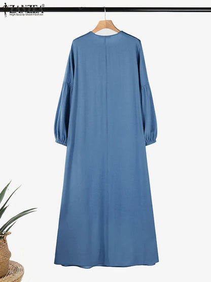 ZANZEA Muslim Women's Maxi Dress Islamic Hijab O Neck Half-Button Denim Blue Abaya Holiday Lantern Sleeve Loose Casual Vestidos.