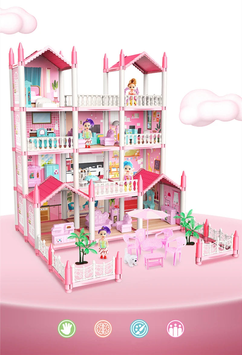 Girls Toddler Doll House - Large Doll House with 4 Dolls, Furniture, Accessories, LED Lights, 4 Stories Princess Dream House Toy.