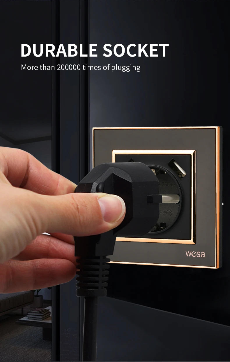 WESA Schwarze Spiegel-Acryl-Steckdose mit 2 USB-Steckdosen nach EU-Standard, Standard-Erdungsstecker, Steckdose, flammhemmend.