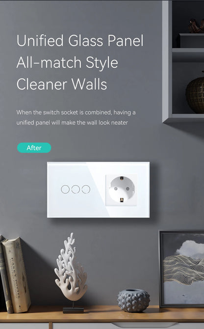 BSEED Touch-Lichtschalter mit EU-Stromsteckdosen, weiße Wand-LED-Schalter, 1/2/3 Gang, 1-Wege-Kristallglas-Panel, dunkle Hintergrundbeleuchtung.