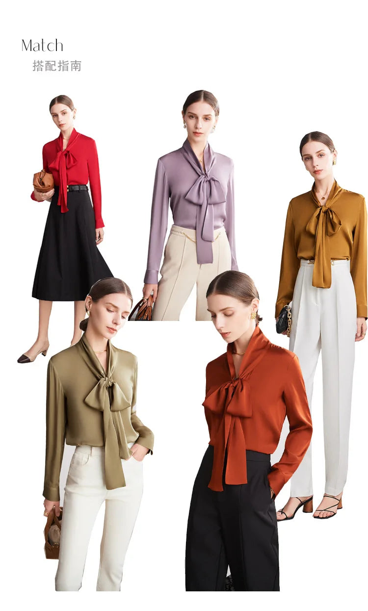 Silk Shirt Women's Thick Temperament Streamer 2025 Spring and Summer New Mulberry Silk Lace-up Design Shirt Long-sleeved Top.