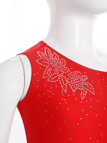 6–16 Jahre Mädchen, modernes lyrisches Tanzkleid, ärmellos, glänzender Strass-Trikot, Tanzkleidung für Skating, Gymnastik, akrobatische Leistung.