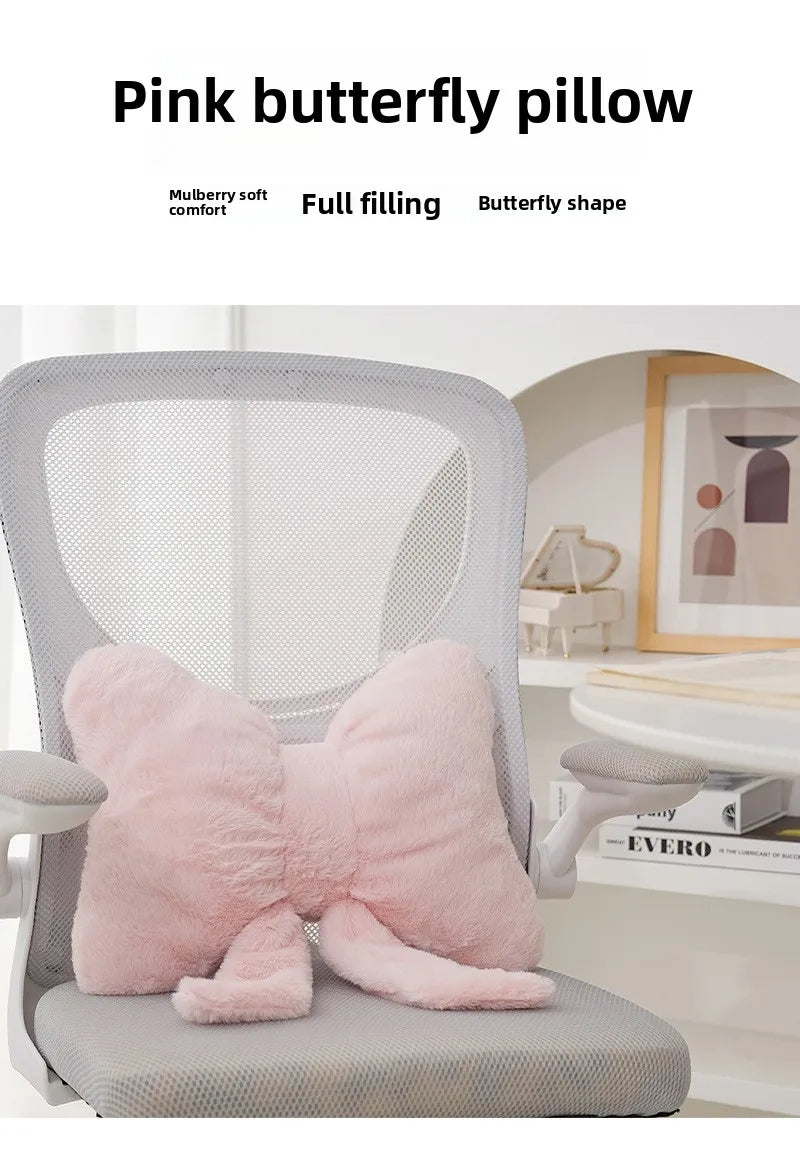 Pink bow ribbon couch pillow imitation rabbit fur comfortable car seat cushion ins style simple all-match back cushion.