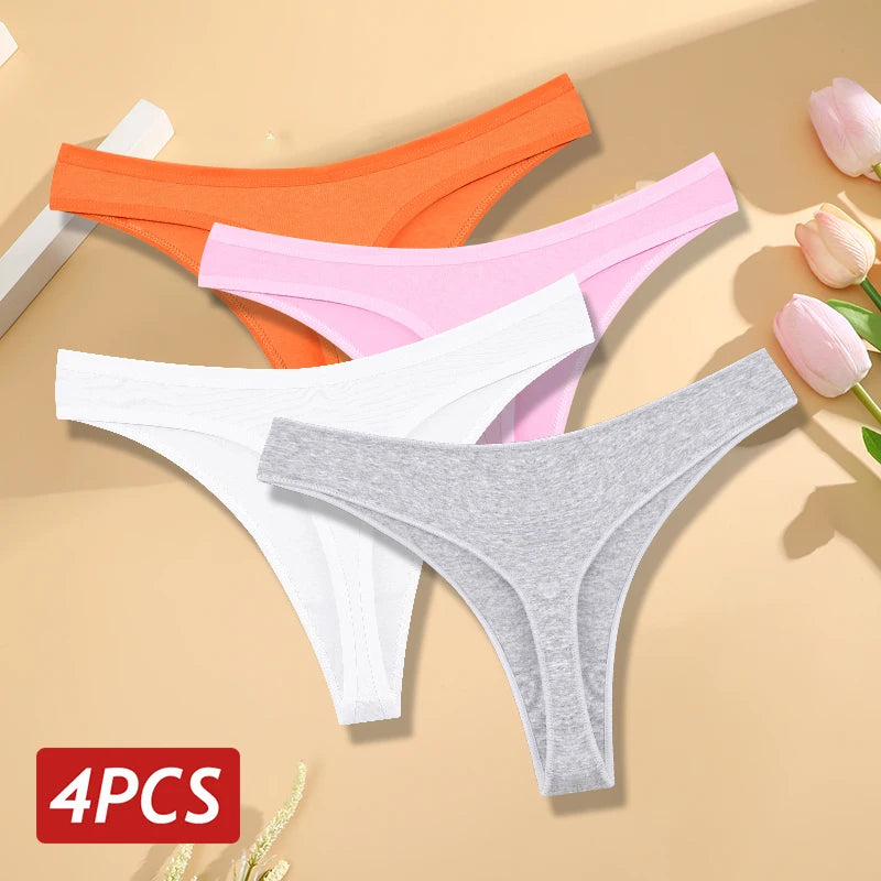 4PCS/Set Women Cotton Panties Seamless Low Rise Thongs V-Waist Solid Color Breathable Underwear Female Soft Lingerie Intimates.