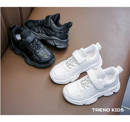 Children White Running Shoes Kids Fashion Sneakers PU Soft Breatheable Comfortable Boys Girls School Sports Shoes Size 26-37.