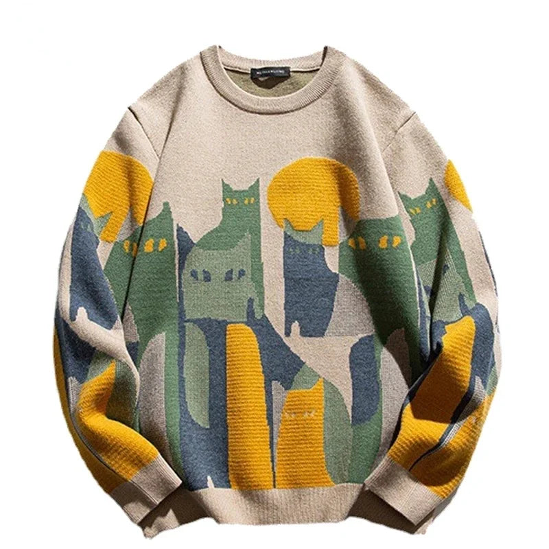 2024 Autumn Knitted Sweater Men Women Winter Harajuku Cartoon Full Cat Print Pullover Vintage Causal Loose Sweaters Streetwear.