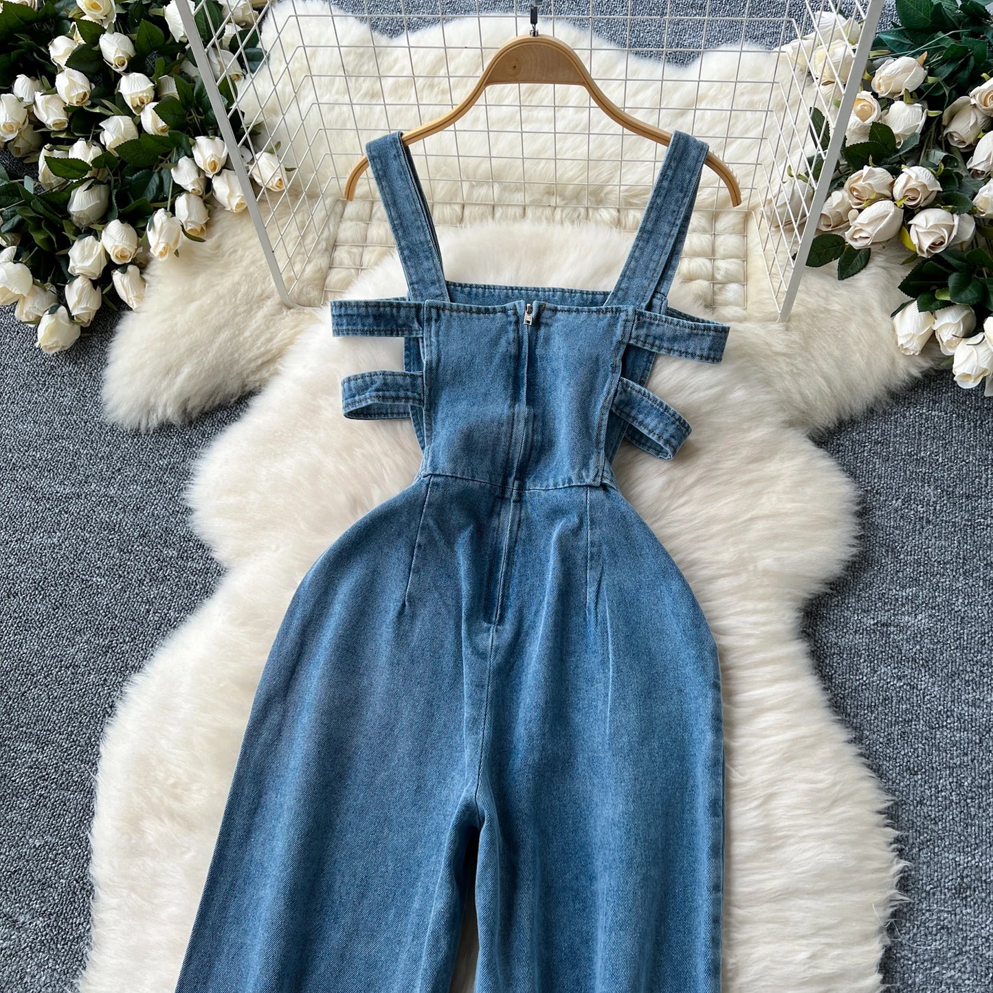 Jumpsuits Women Denim Suspender Jeans One Piece Wide Leg Pants Washed Mom Distressed Pockets Trousers Summer 2025 Streetwear.