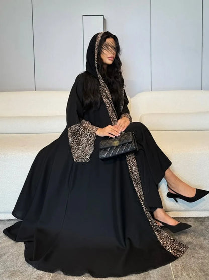 Eid Women Muslim Abaya Leopard Cardigan with Scarf Dress 2025 Vestidos Largos Caftan Robe Jalabiya Ramadan Morocco Dubai Kaftan.