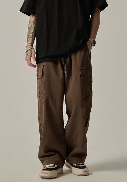 Men's Sweatpants 2025 Spring Autumn Vintage Japanese Wide Leg Straight Loose Button Big Pockets Cargo Pants Drawstring Trousers.