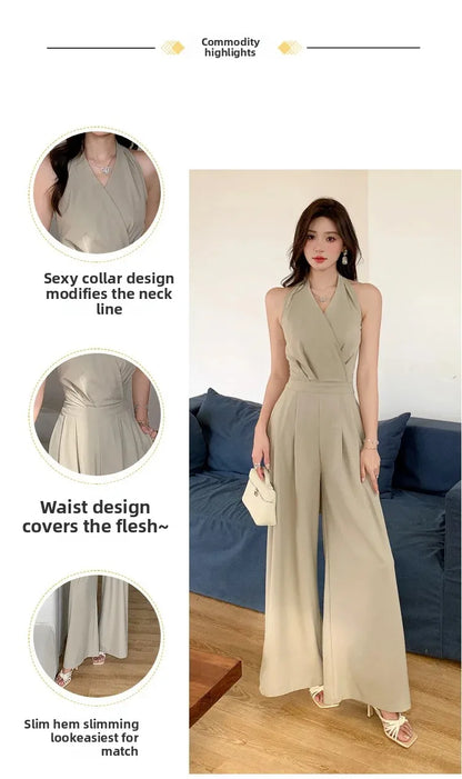 French Vintage Polyester Halter One-Piece Pants Women's Summer Business Commute High Waist Slimming Versatile Suit Long Pants.