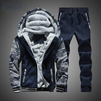 New Winter Fleece Thicken Men's Two-piece Zipper Sports Set Hooded Thermal Suit Casual Oversized Tracksuit 4XL 5XL Funny Suit.